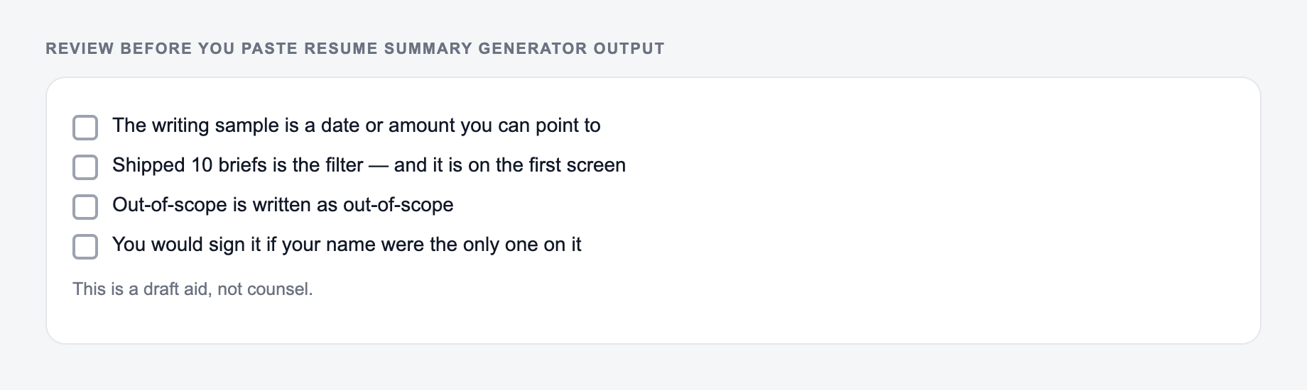 Screenshot of a four-item review checklist for Resume Summary Generator output, covering what must stay true and what the draft is not allowed to invent