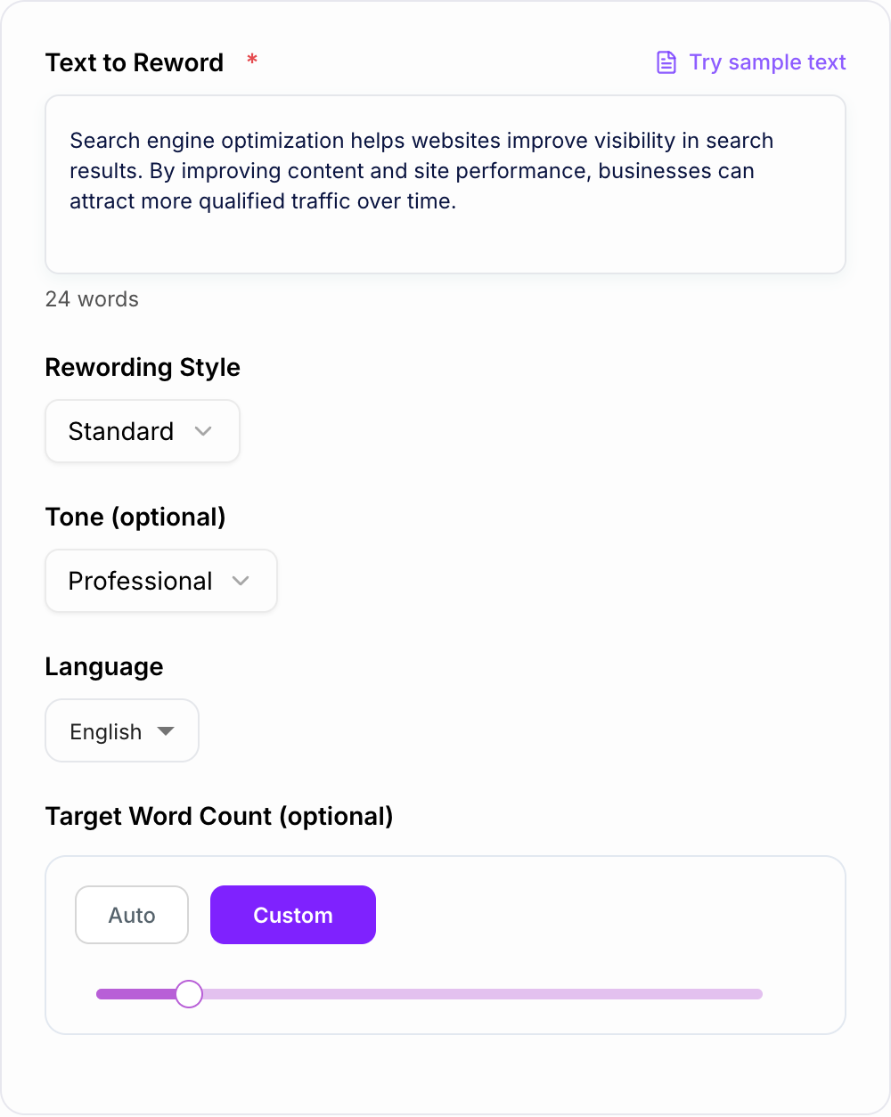 Screenshot of the AI Reworder generator form with a source paragraph, reword mode, and terms to keep filled in
