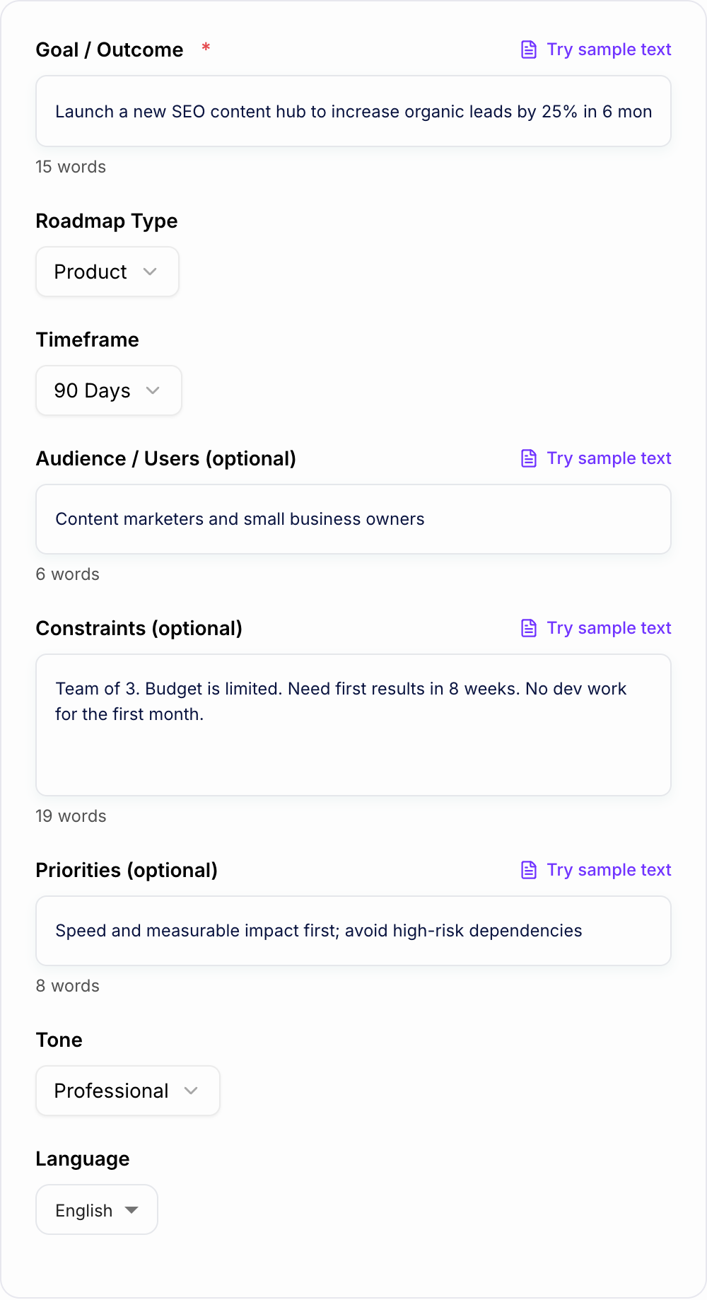 Screenshot of the AI Roadmap Generator form with goal, timebox, and constraints filled in