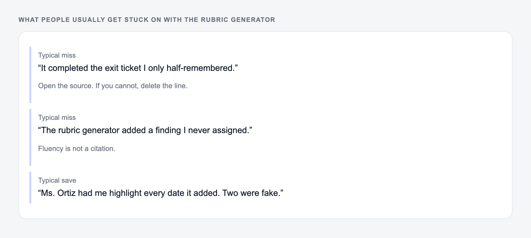 Screenshot of three review notes about the Rubric Generator, including a complaint that the draft invented 12 minutes and a save that locked the Friday reading and the 12-minute window