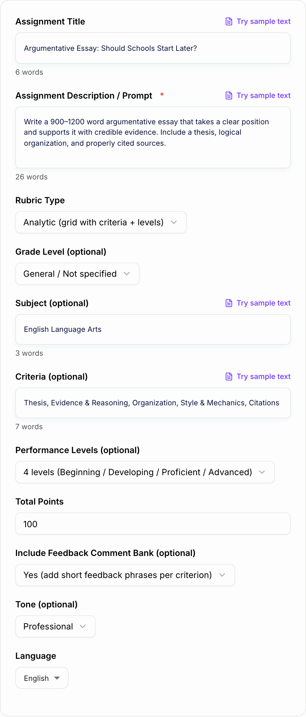 Screenshot of the AI Rubric Generator workspace