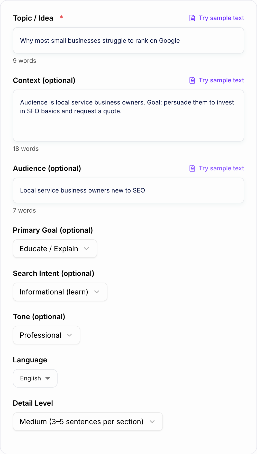 Screenshot of the AI SCQA Framework Generator workspace