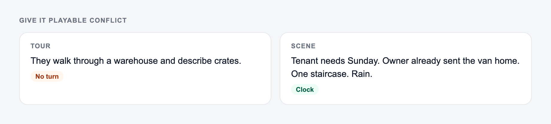 Screenshot from the AI Screenplay Scene Generator showing a screenplay scene that names the conflict, versus people-talking