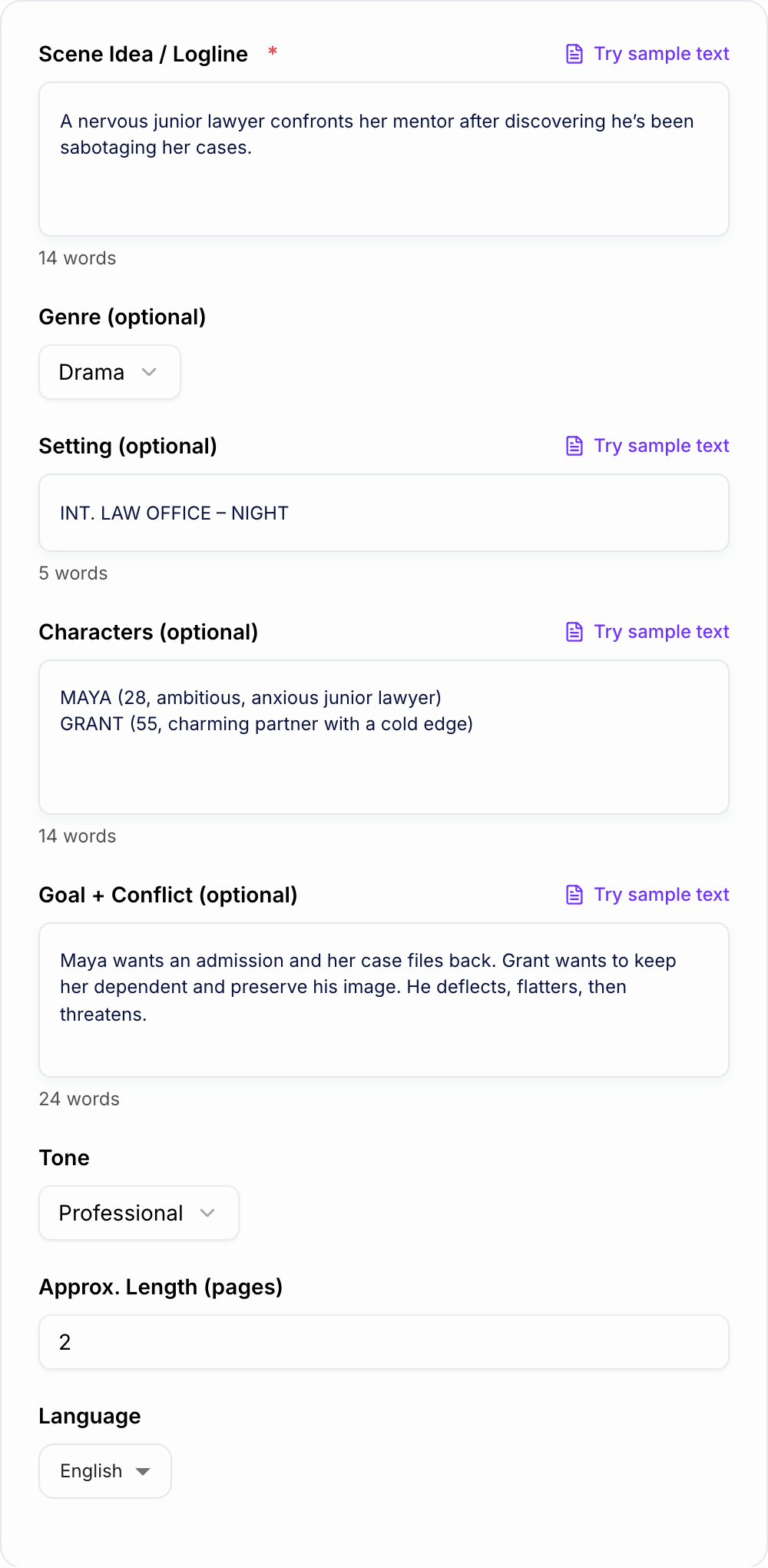 Screenshot of the AI Screenplay Scene Generator form with location, characters, and conflict filled in