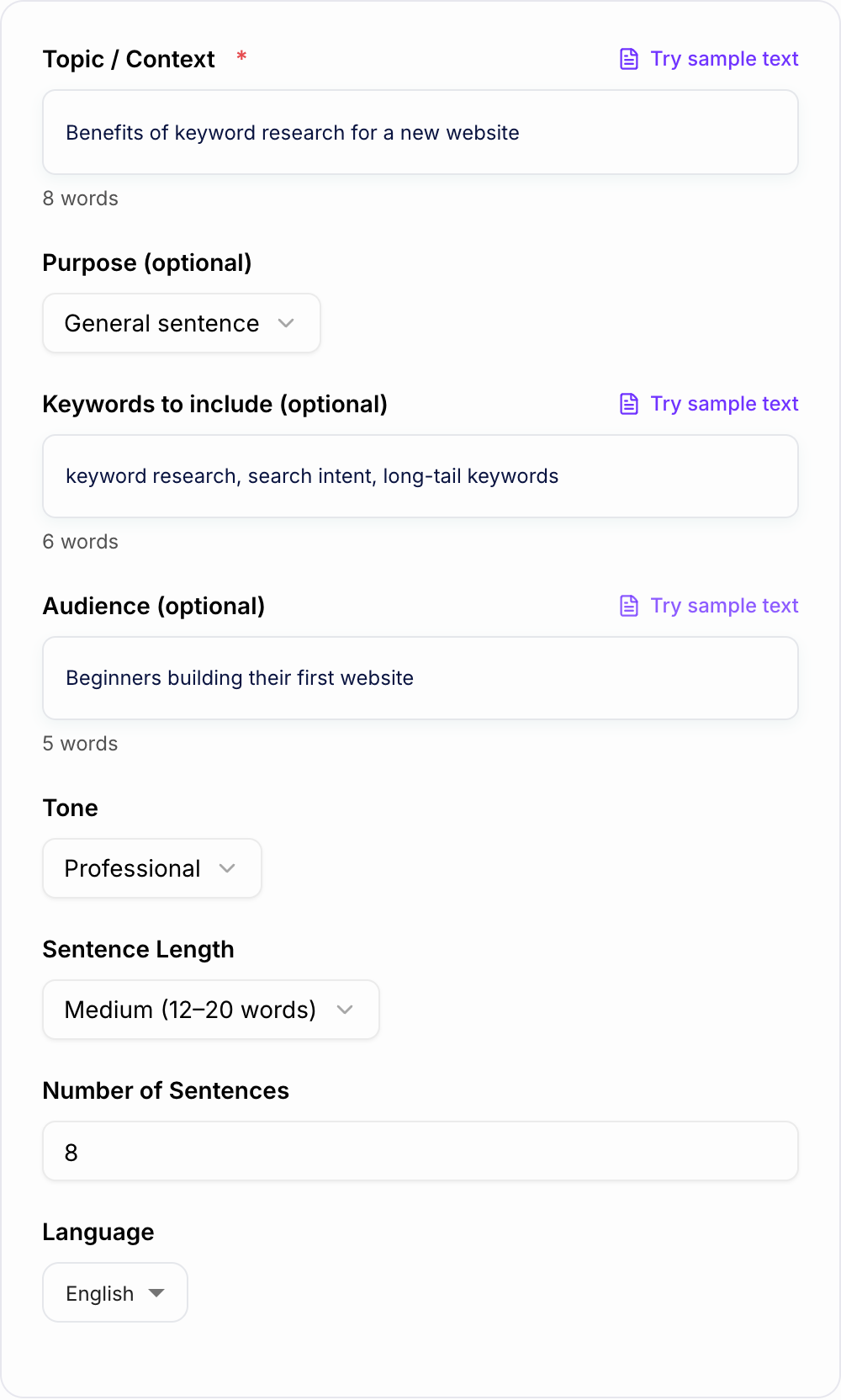 Screenshot of the AI Sentence Generator form