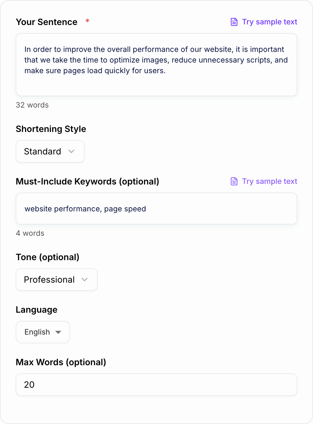 Screenshot of the AI Sentence Shortener form