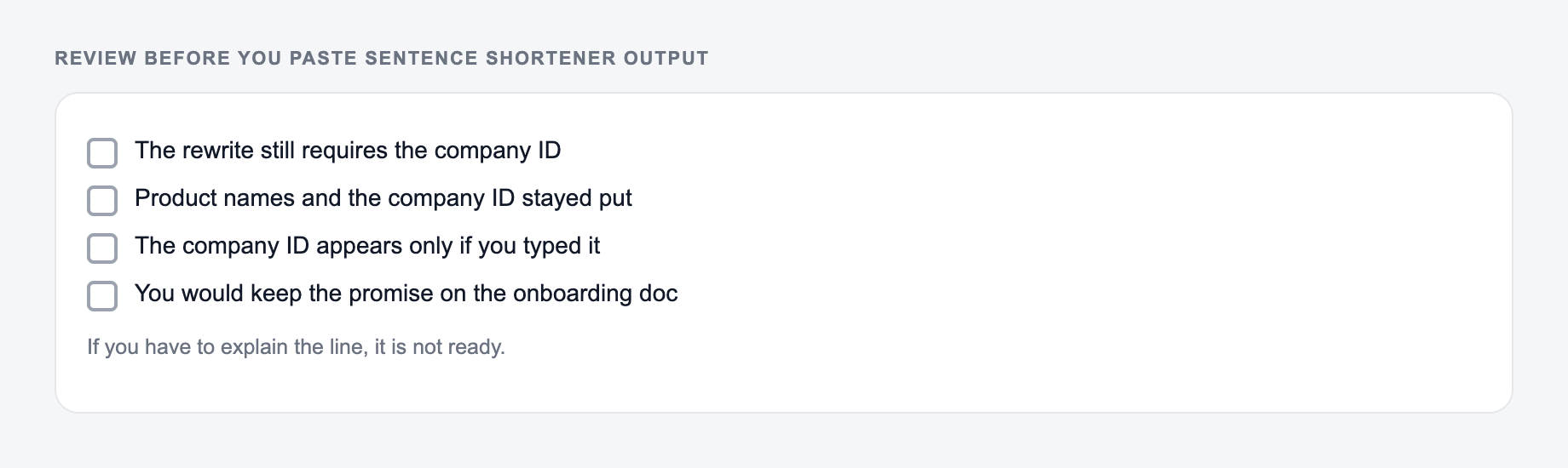 Screenshot of a four-item review checklist for Sentence Shortener output, covering what must stay true and what the draft is not allowed to invent
