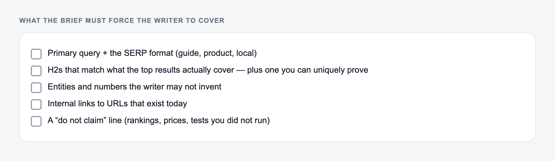 Review checklist for output from the SEO Content Brief Generator