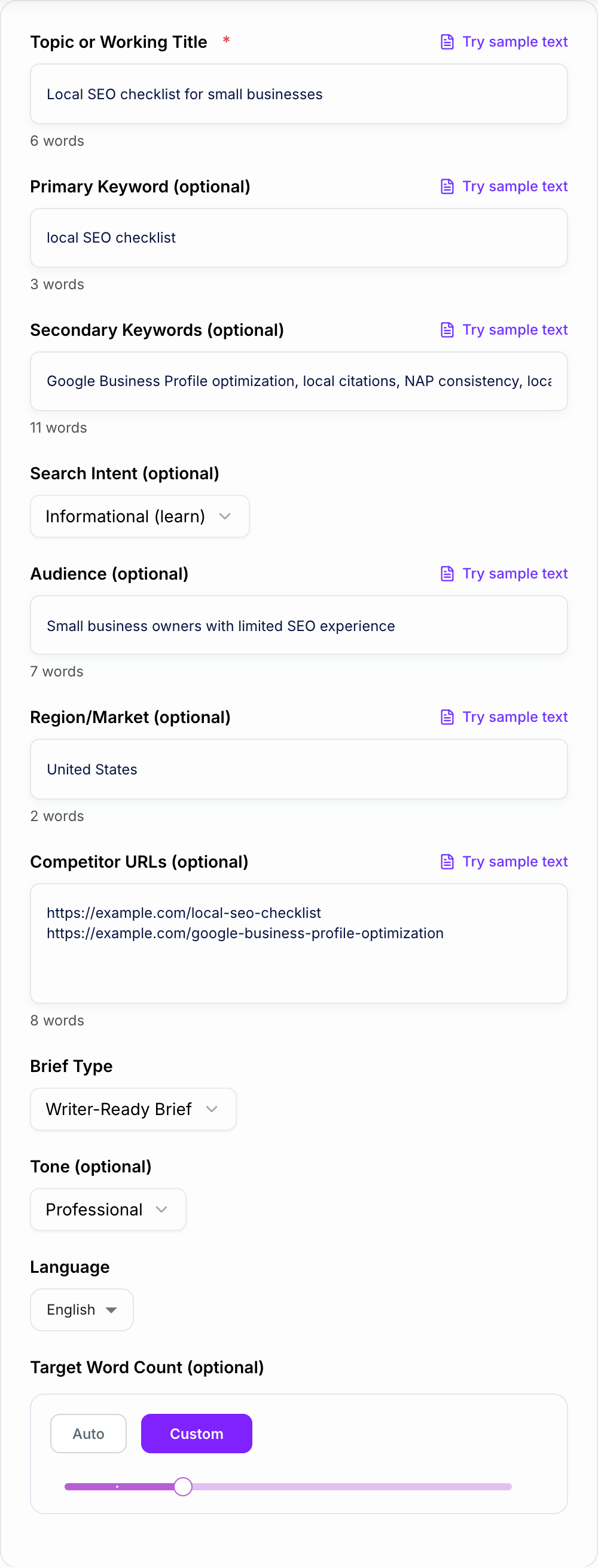 Screenshot of the AI SEO Content Brief Generator form with a keyword, page type, and audience filled in