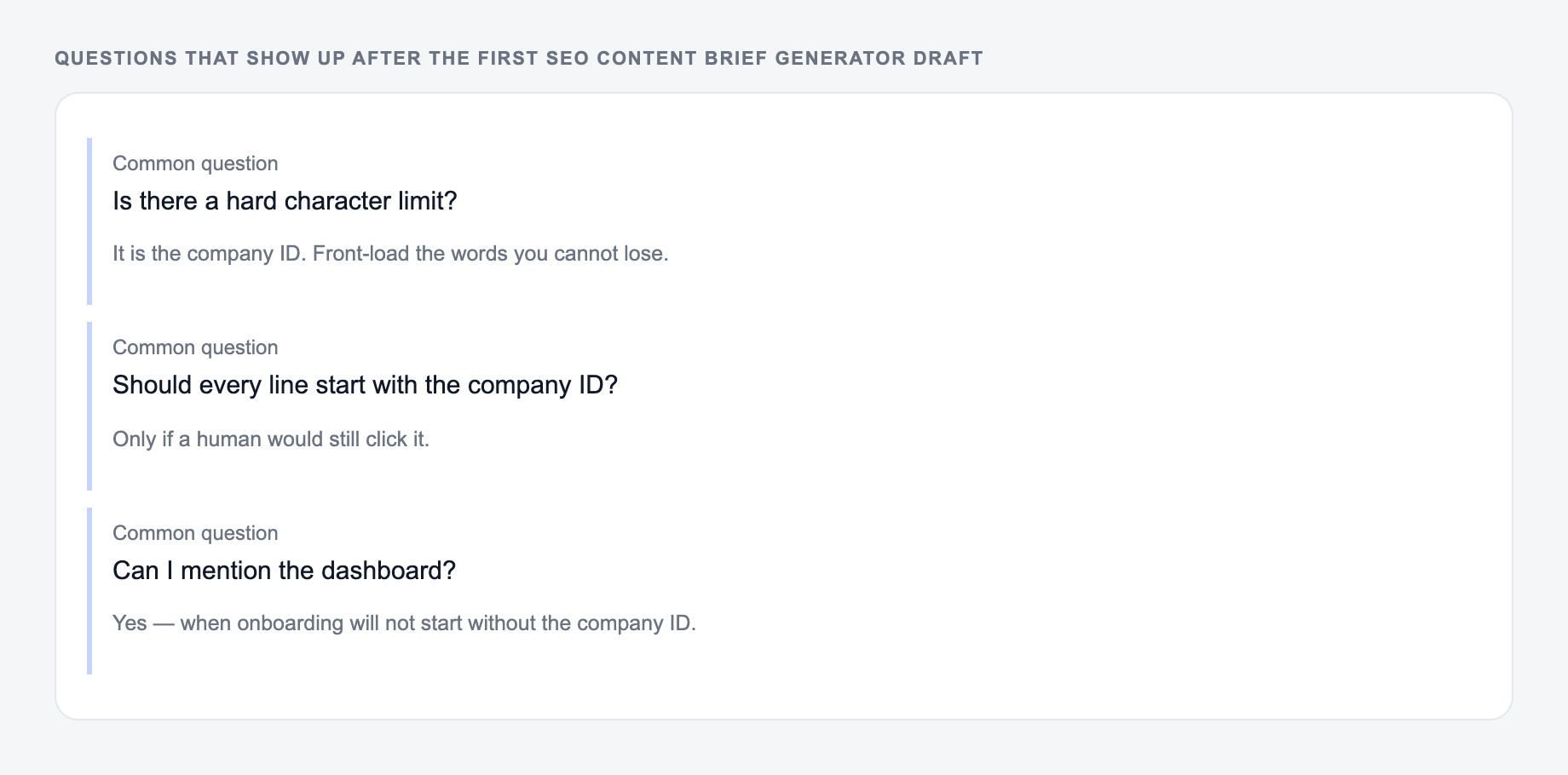 Screenshot of three common questions people ask after generating with the SEO Content Brief Generator