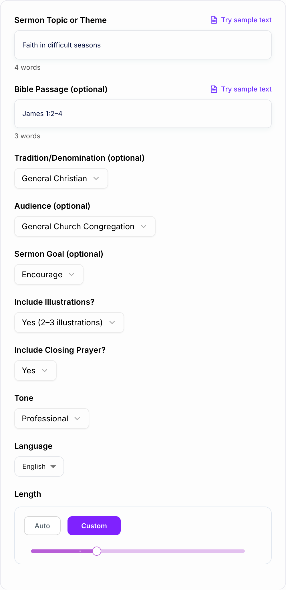 Screenshot of the AI Sermon Generator form with text, theme, and sermon mode filled in