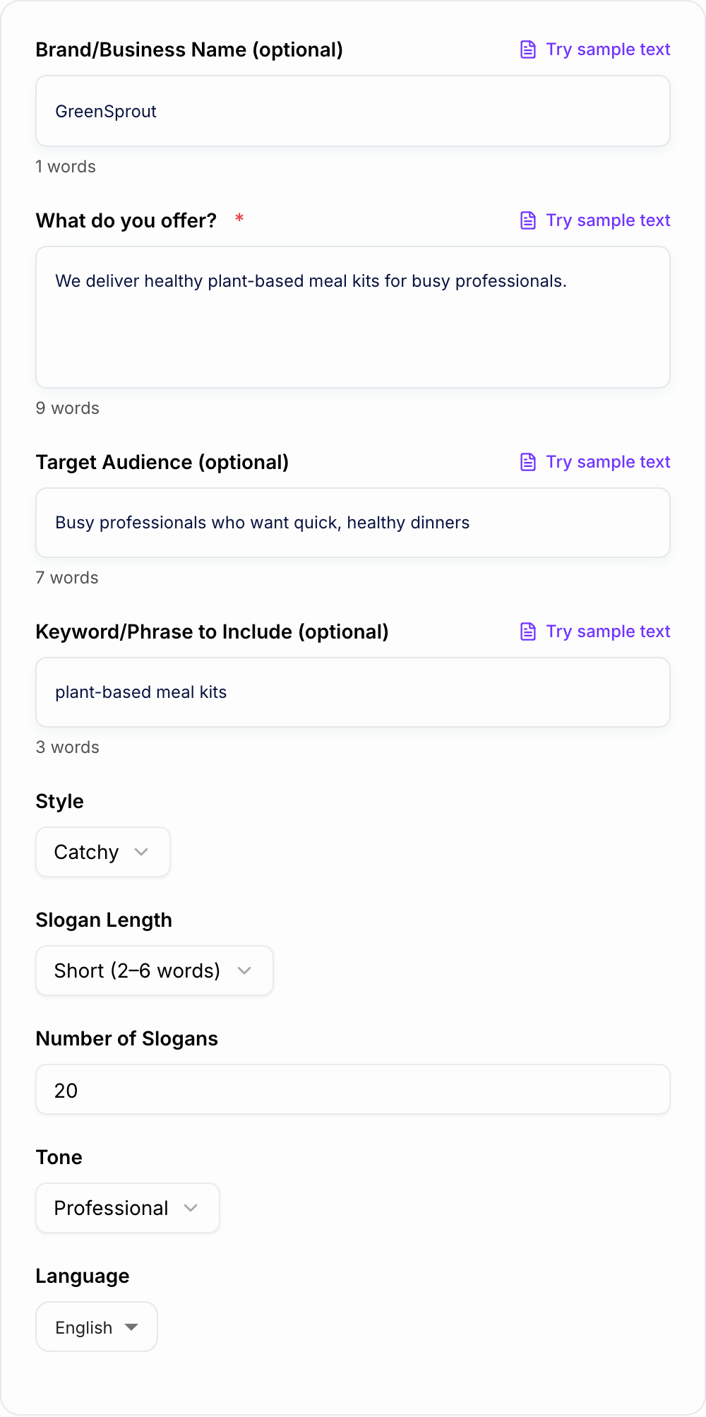 Screenshot of the AI Slogan Generator form with a brand promise, audience, and slogan style filled in