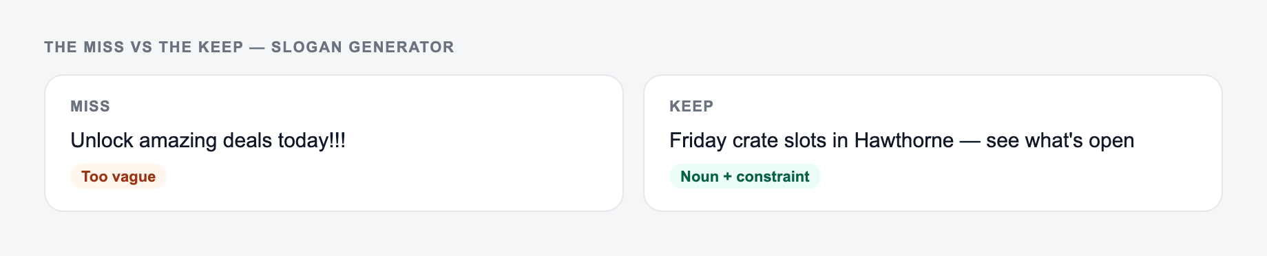 Screenshot comparing a weak Slogan Generator brief (“Unlock amazing deals today!!!”) with a stronger one that names headline 1 and the landing page must keep the promise