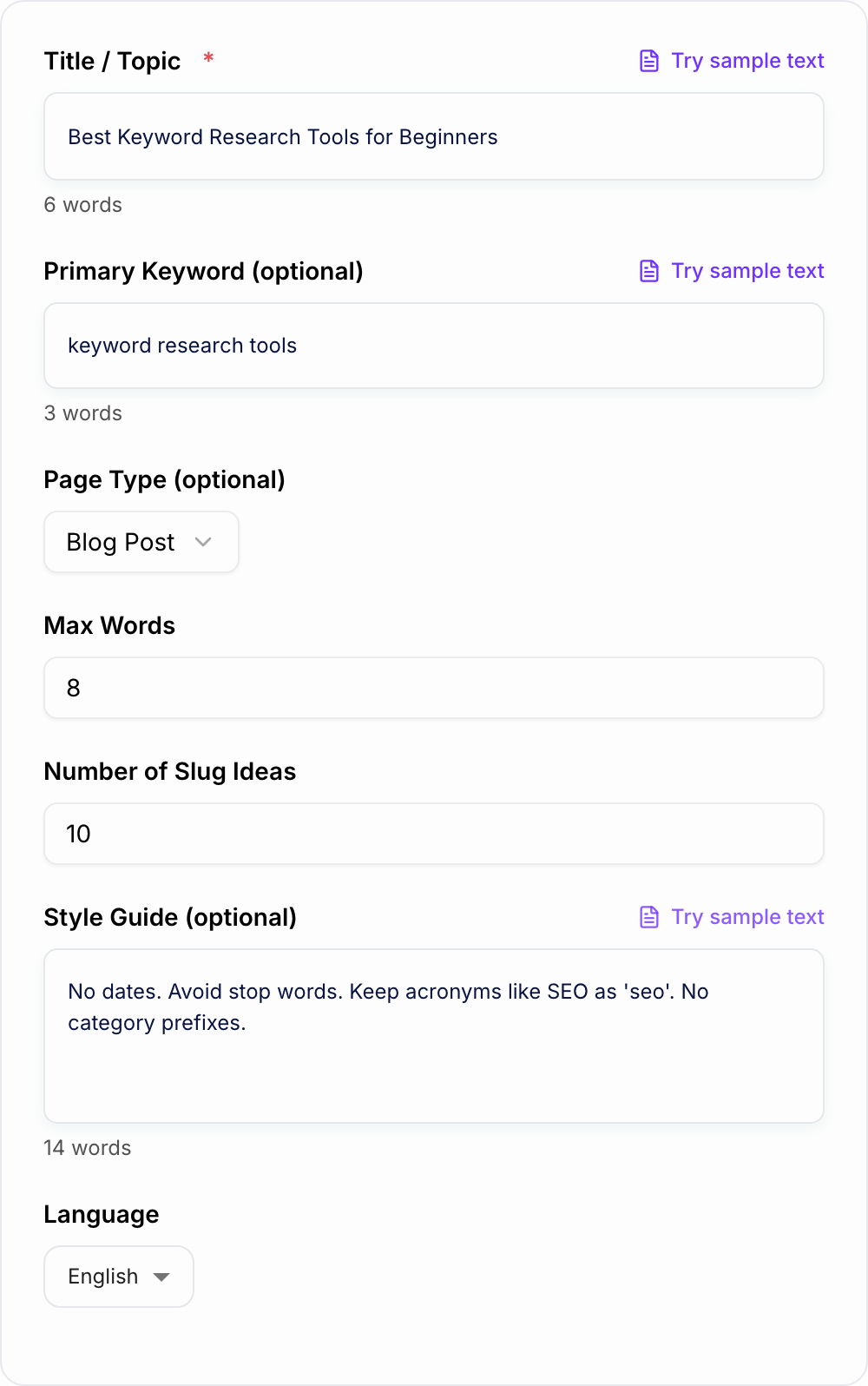 Screenshot of the AI Slug Generator form with a page title, keyword, and page type filled in