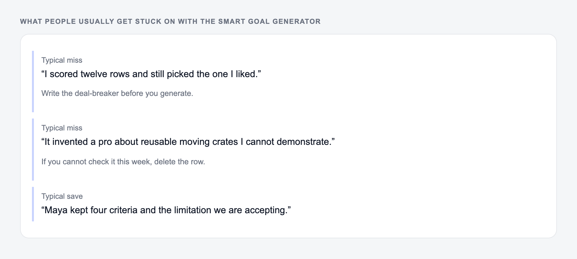 Screenshot of three review notes about the SMART Goal Generator, including a complaint that the draft invented the $18 stair fee and a save that locked Sunday hours and the stair fee