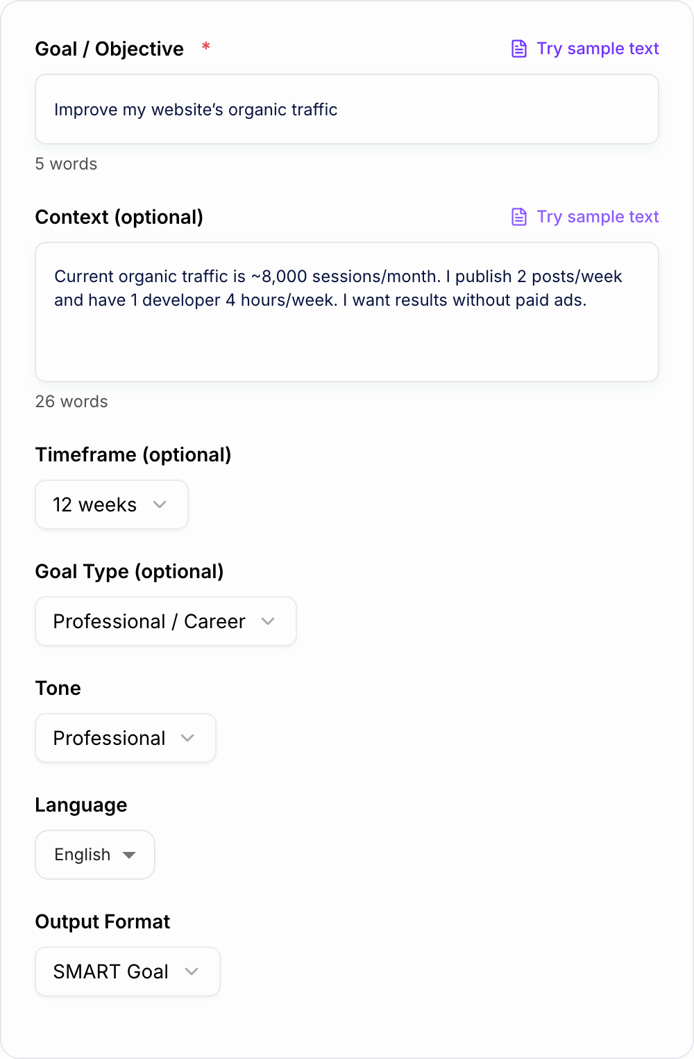 Screenshot of the AI SMART Goal Generator form with outcome, metric, and deadline filled in