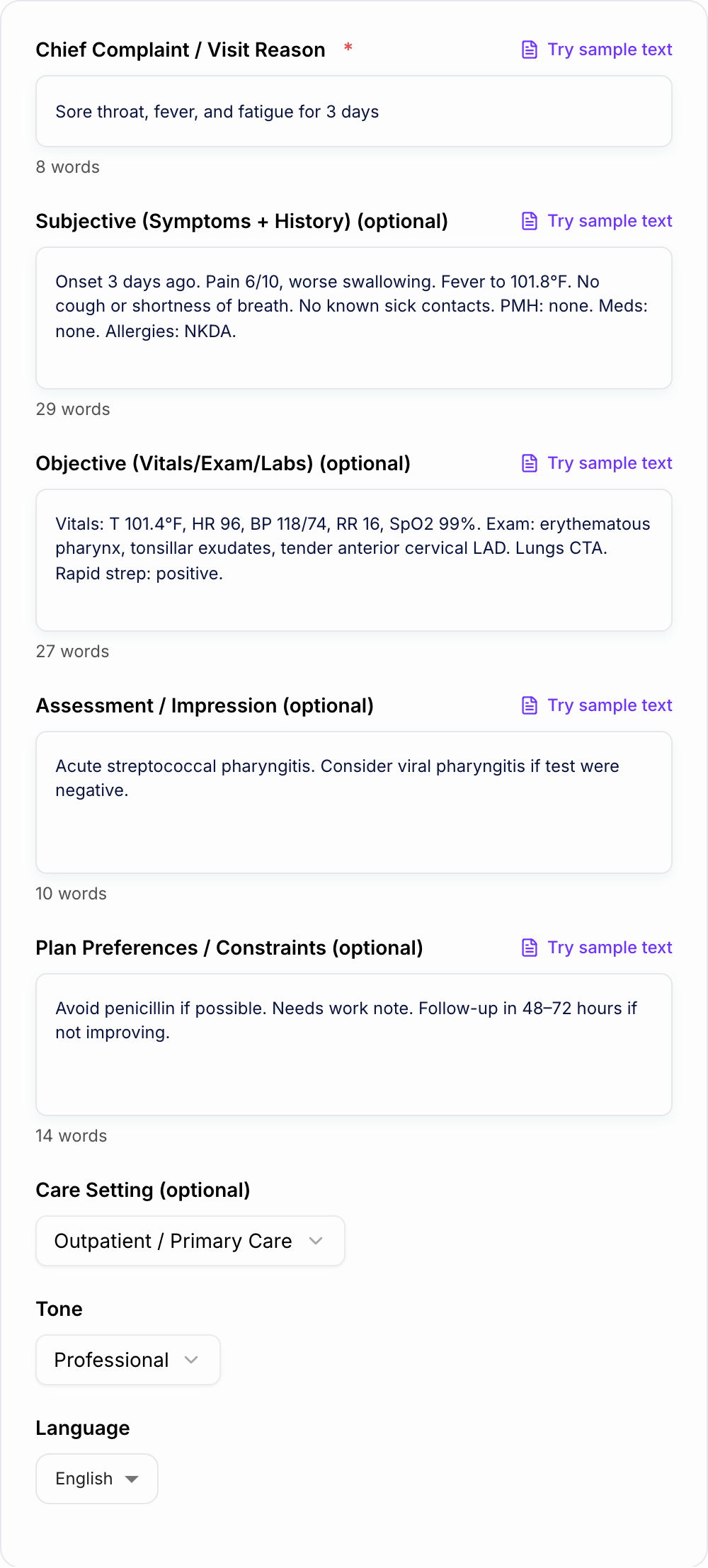 Screenshot of the AI SOAP Note Generator form with visit details and a SOAP mode filled in