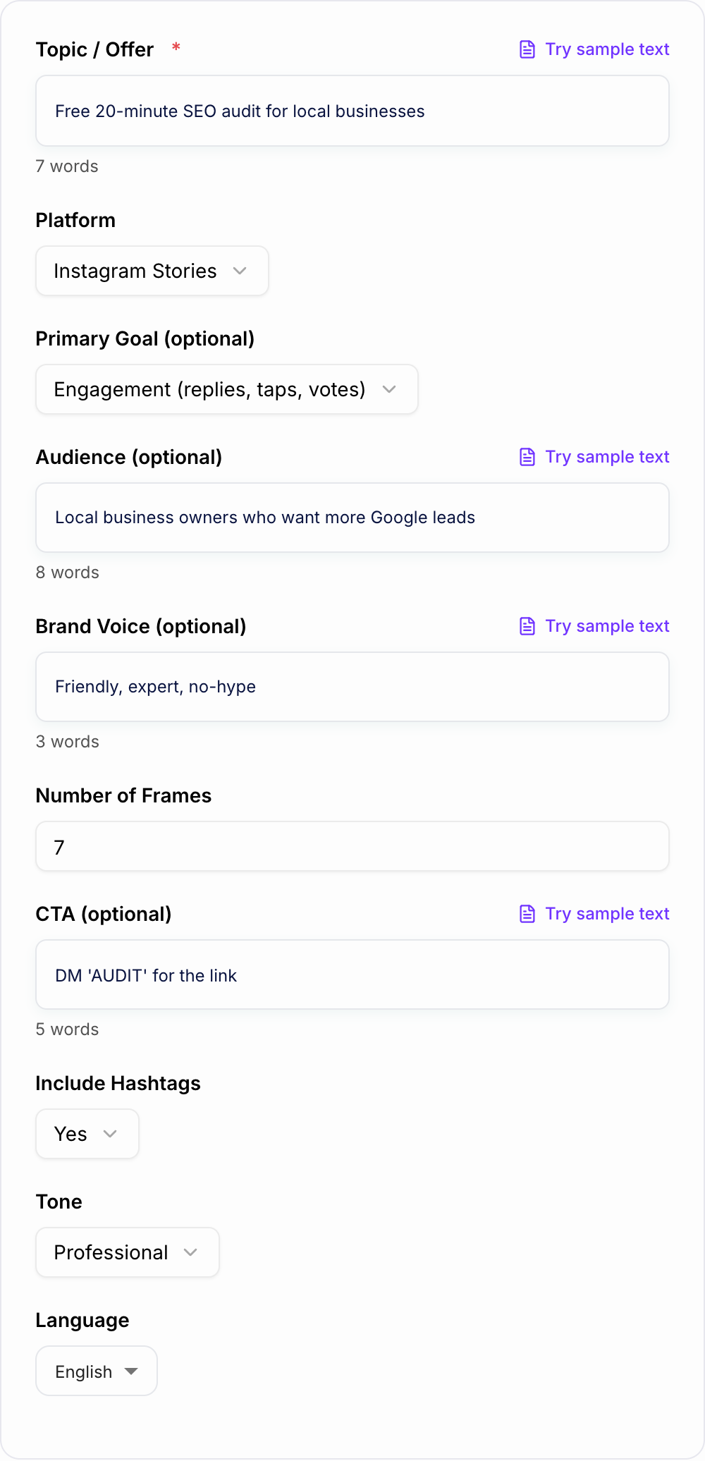 Screenshot of the AI Social Stories Generator form with product, platform, and frame count filled in
