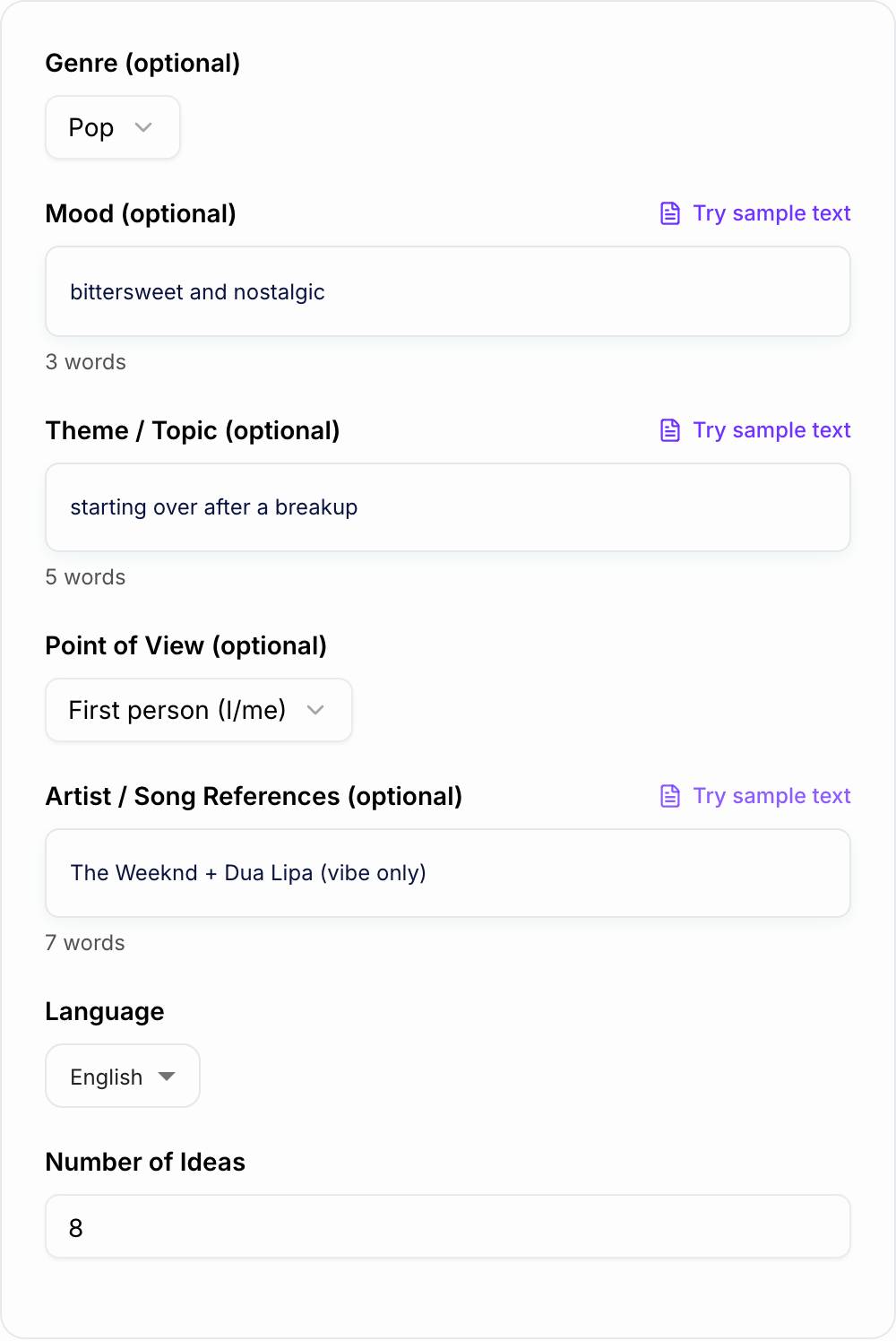Screenshot of the AI Song Idea Generator form with theme, genre, and mood filled in
