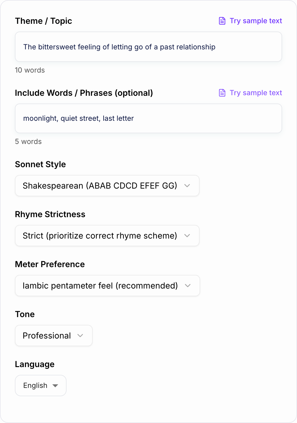Screenshot of the AI Sonnet Generator form with subject, sonnet type, and turn filled in