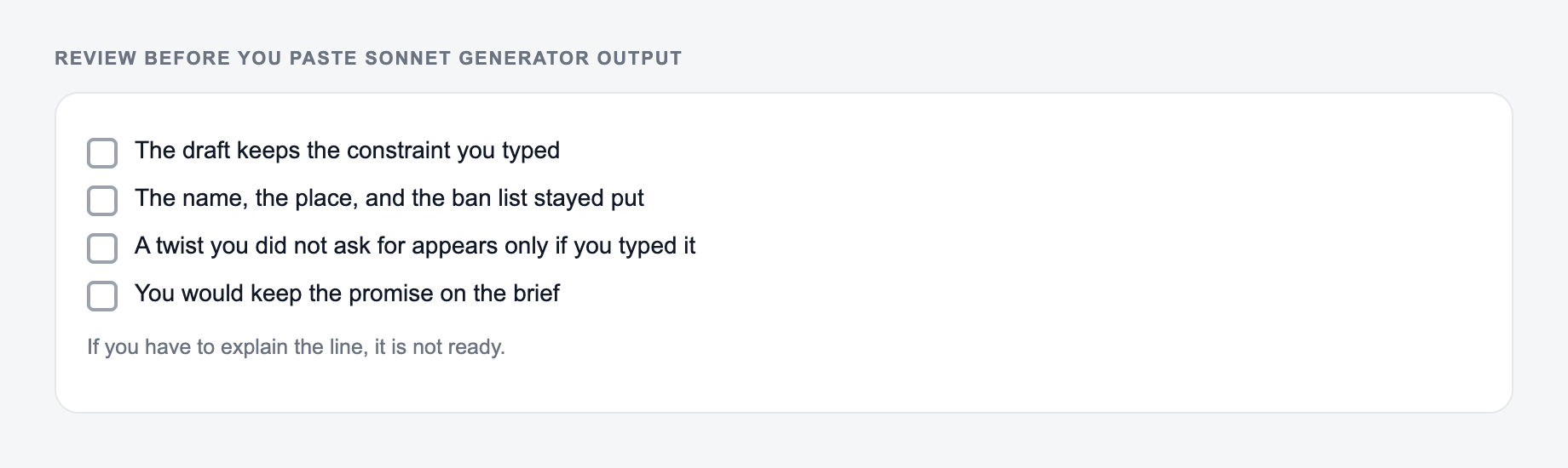 Screenshot of a four-item review checklist for Sonnet Generator output, covering what must stay true and what the draft is not allowed to invent