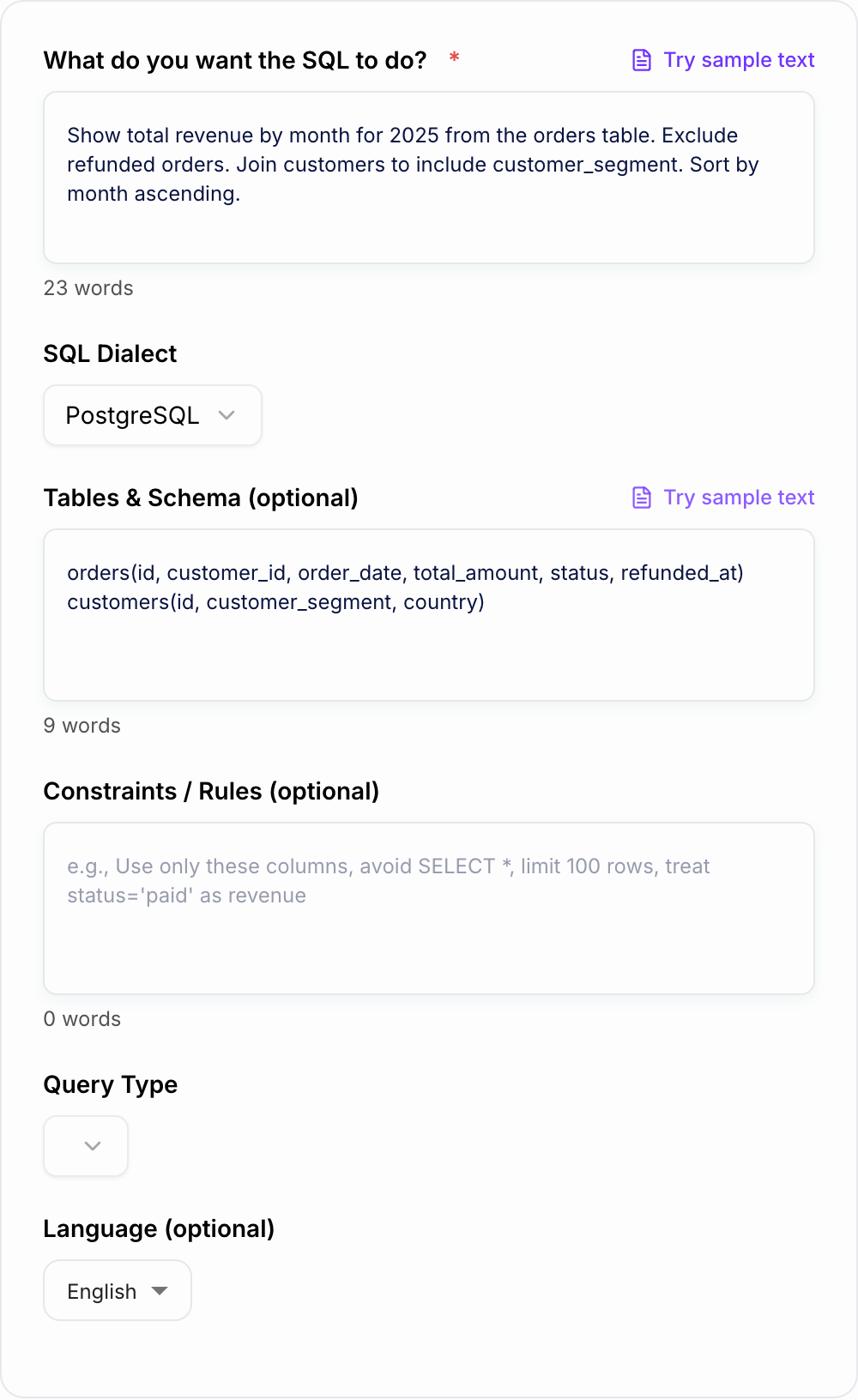 Screenshot of the AI SQL Query Generator form with a plain-English request and table names filled in
