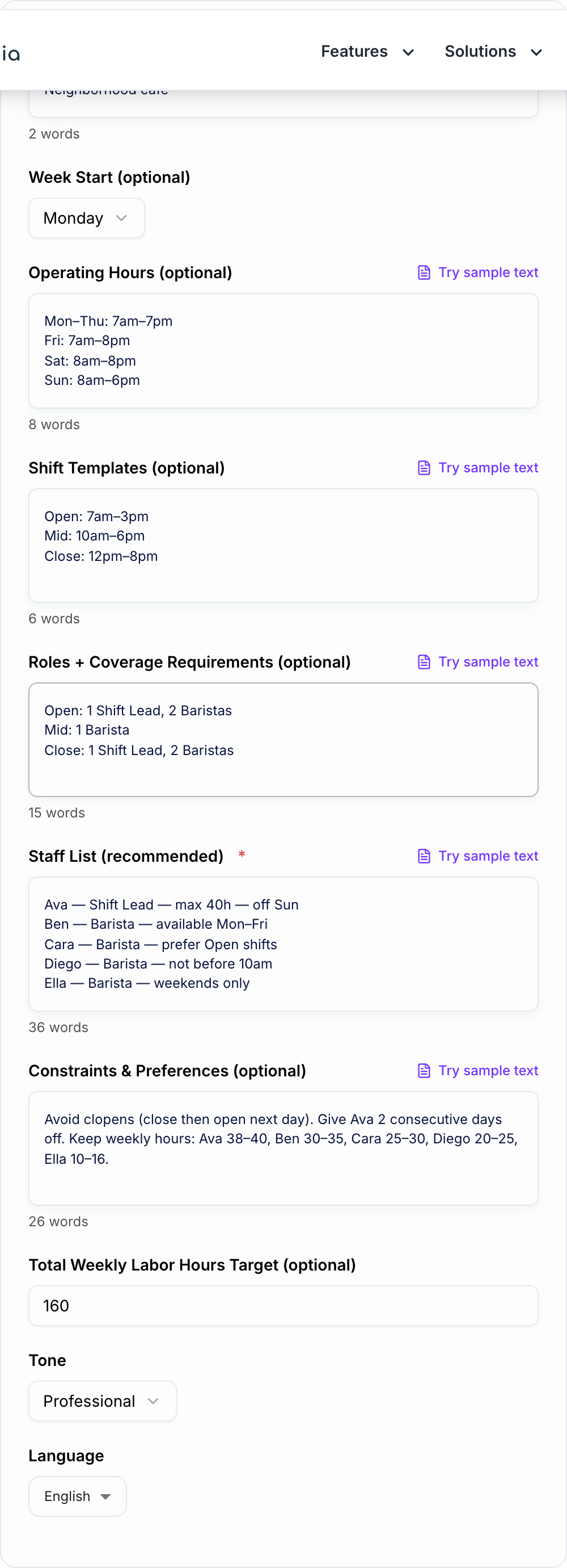 Screenshot of the AI Staff Schedule Generator workspace