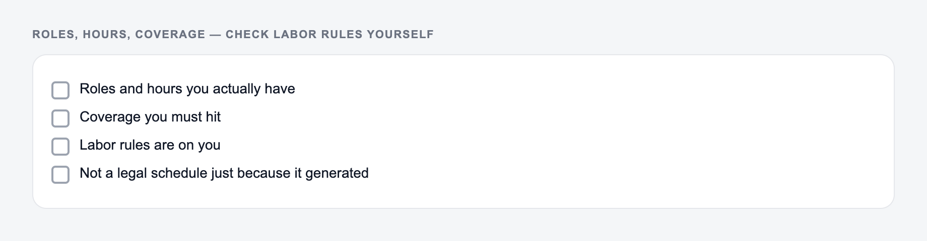 Screenshot from the AI Staff Schedule Generator showing a staff schedule with roles and hours you actually have