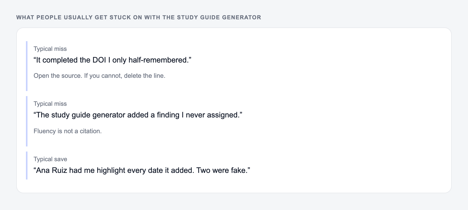 Screenshot of three review notes about the Study Guide Generator, including a complaint that the draft invented the 2025 year and a save that locked author names, year, and the DOI