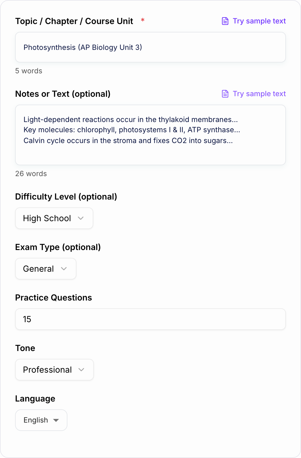 Screenshot of the AI Study Guide Generator form