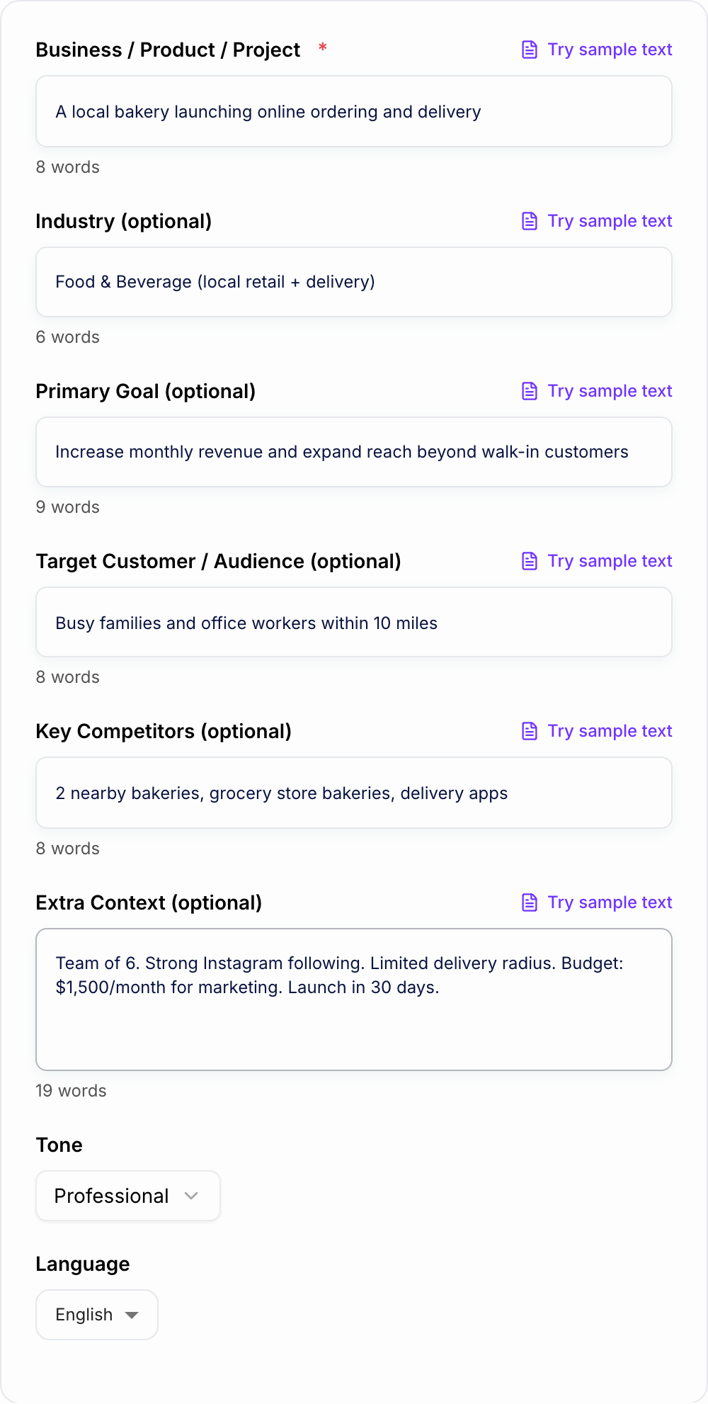 Screenshot of the AI SWOT Analysis Generator workspace