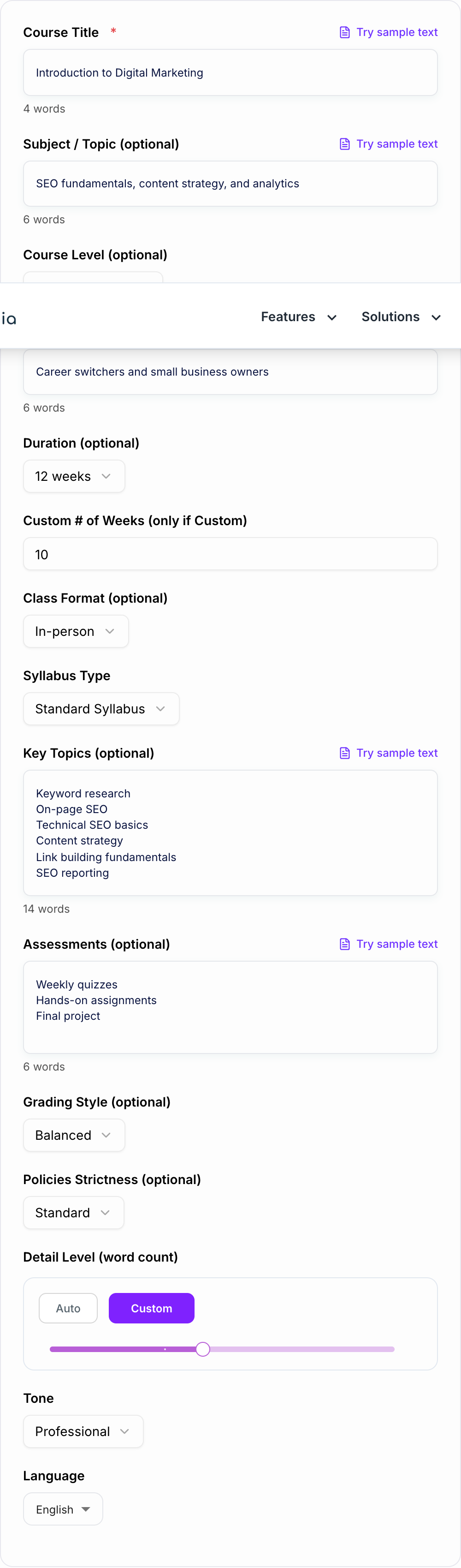 Screenshot of the AI Syllabus Generator form with course, outcomes, and schedule fields filled in