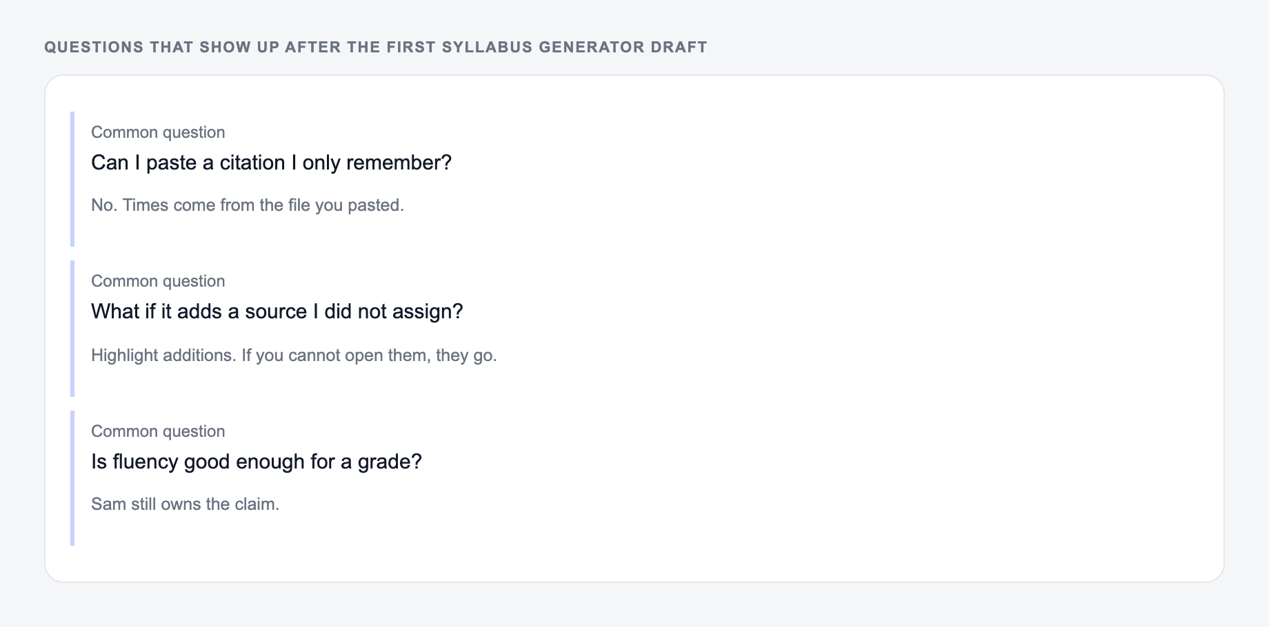 Screenshot of three common questions people ask after generating with the Syllabus Generator, including what to lock (real timestamps and the booking URL) and when to stop