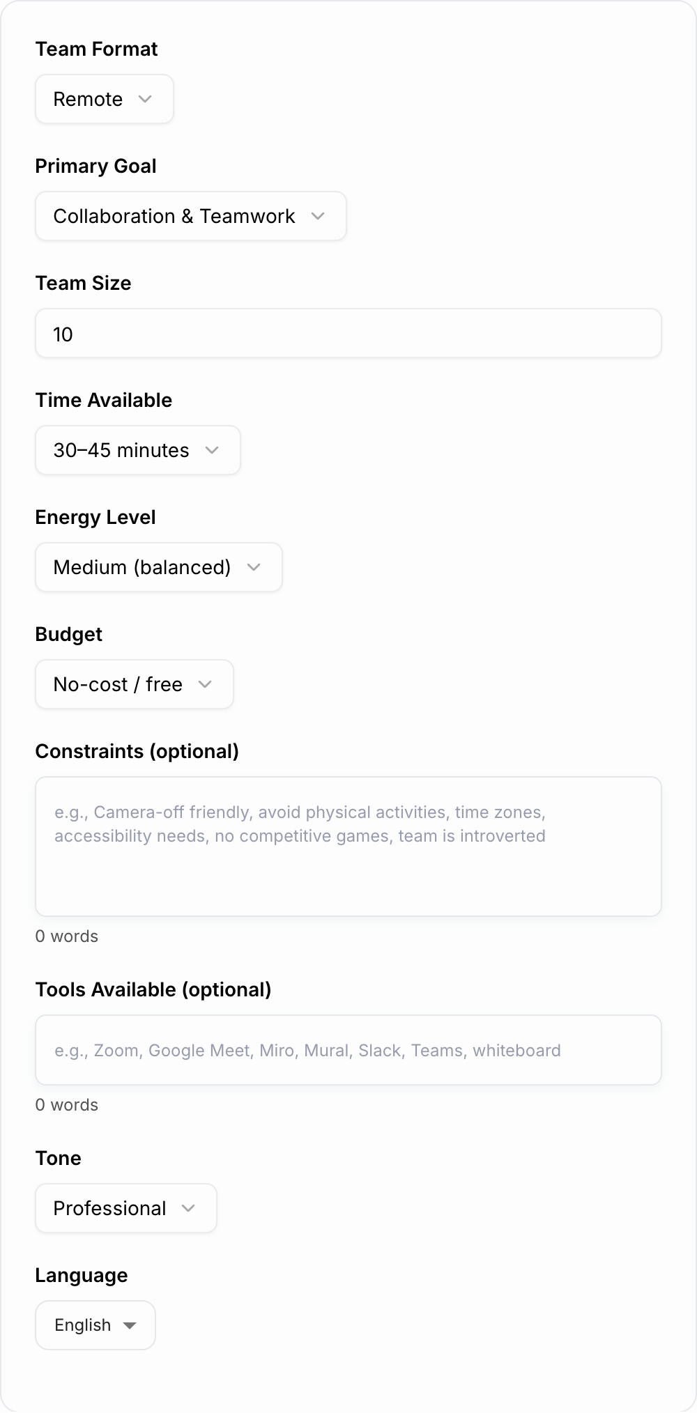 Screenshot of the Team Building Activity Ideas Generator form