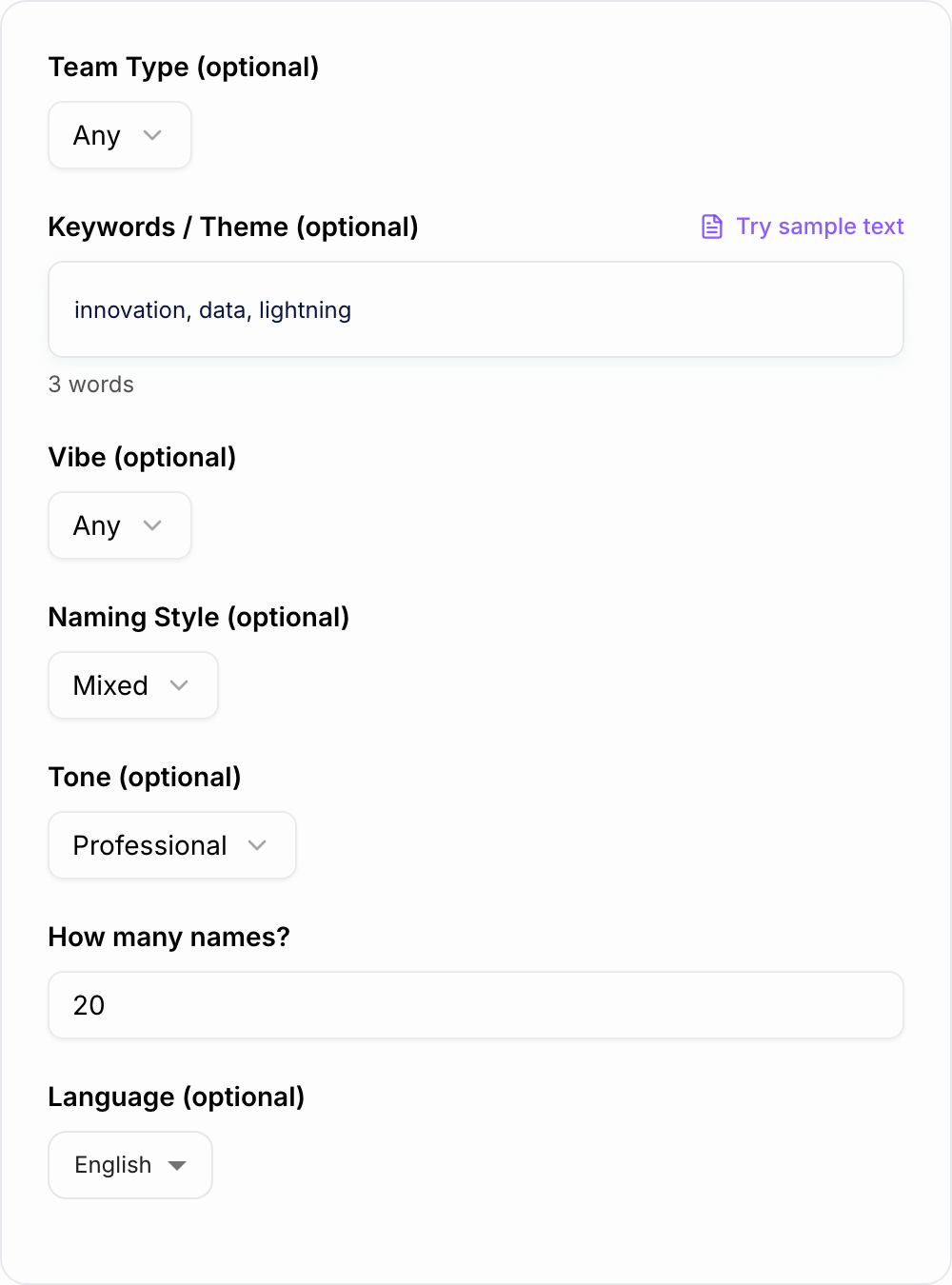 Screenshot of the AI Team Name Generator form