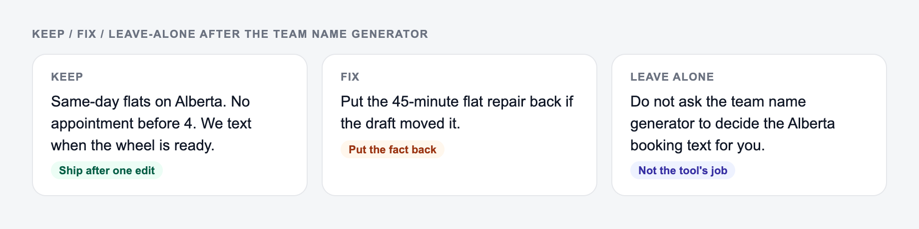 Screenshot of a keep / fix / leave-alone guide for the Team Name Generator: keep the line that names same-day bike repair, put the 45-minute flat repair back, and do not outsource the Alberta booking text