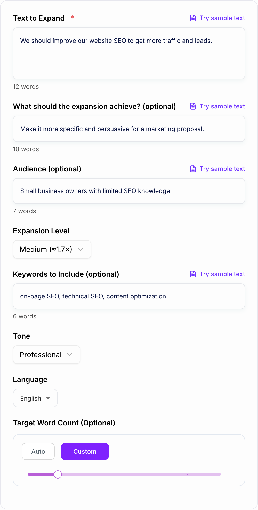 Screenshot of the AI Text Expander generator form with a short note, expansion level, and audience filled in