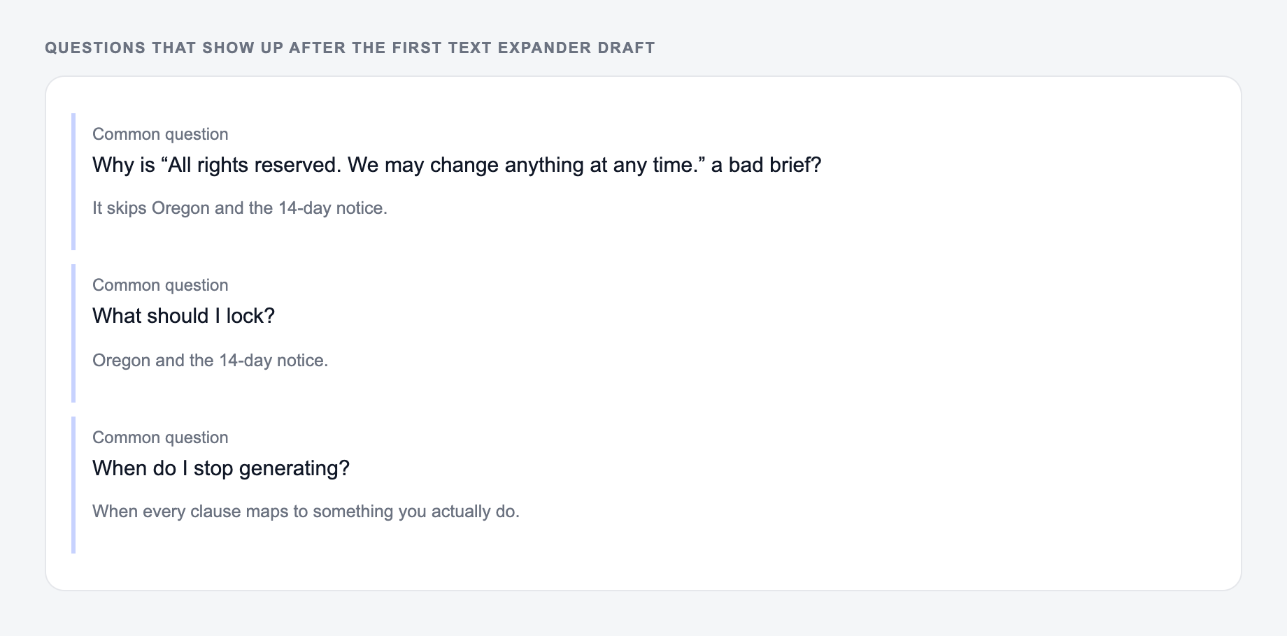 Screenshot of three common questions people ask after generating with the Text Expander, including what to lock (Oregon and the 14-day notice) and when to stop
