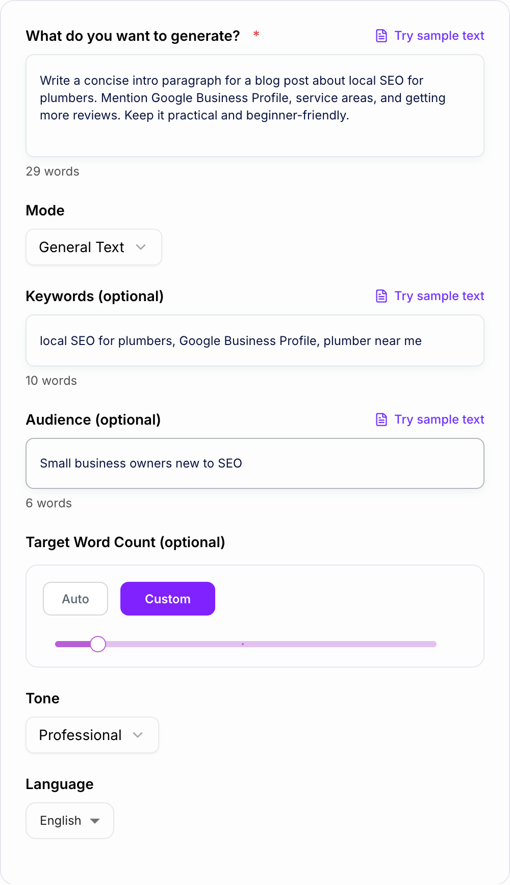 Screenshot of the AI Text Generator workspace