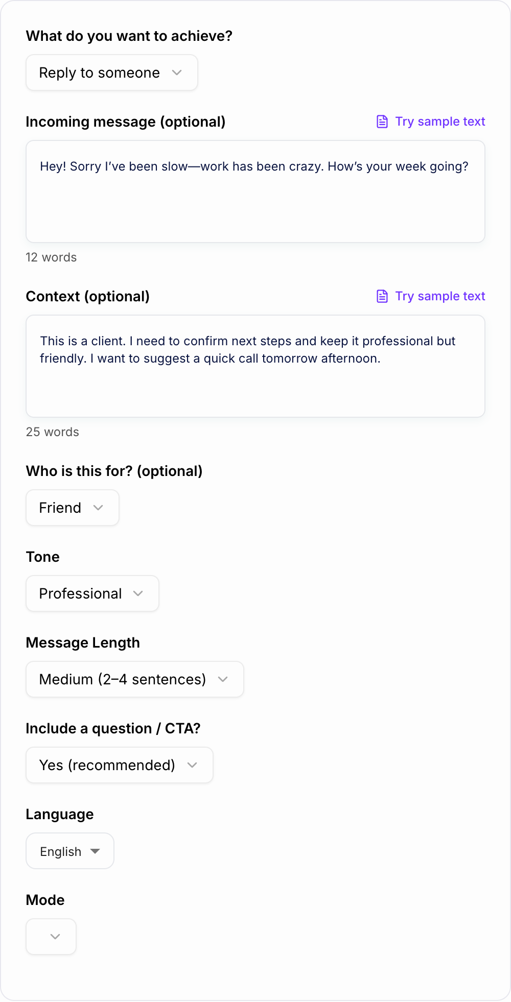 Screenshot of the AI Text Message Generator workspace