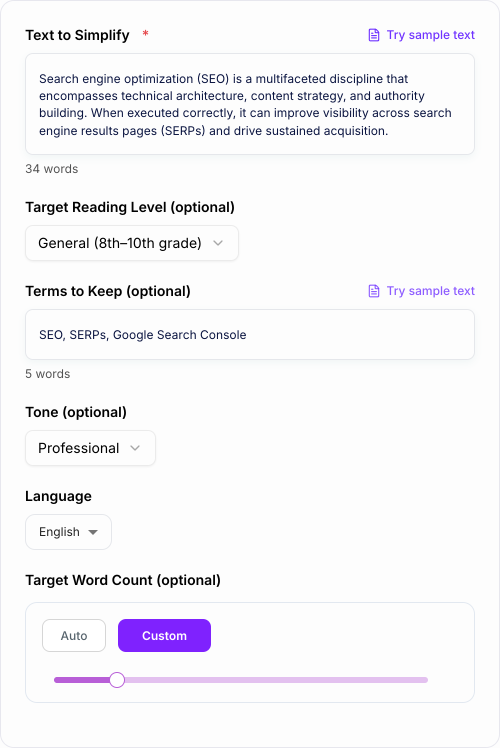 Screenshot of the AI Text Simplifier generator form with a dense paragraph and a plain-language mode filled in