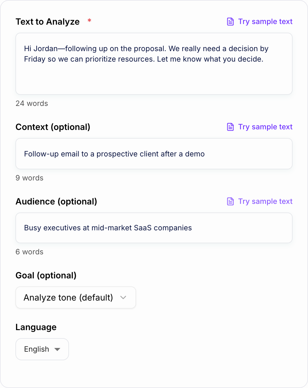 Screenshot of the AI Text Tone Analyzer workspace