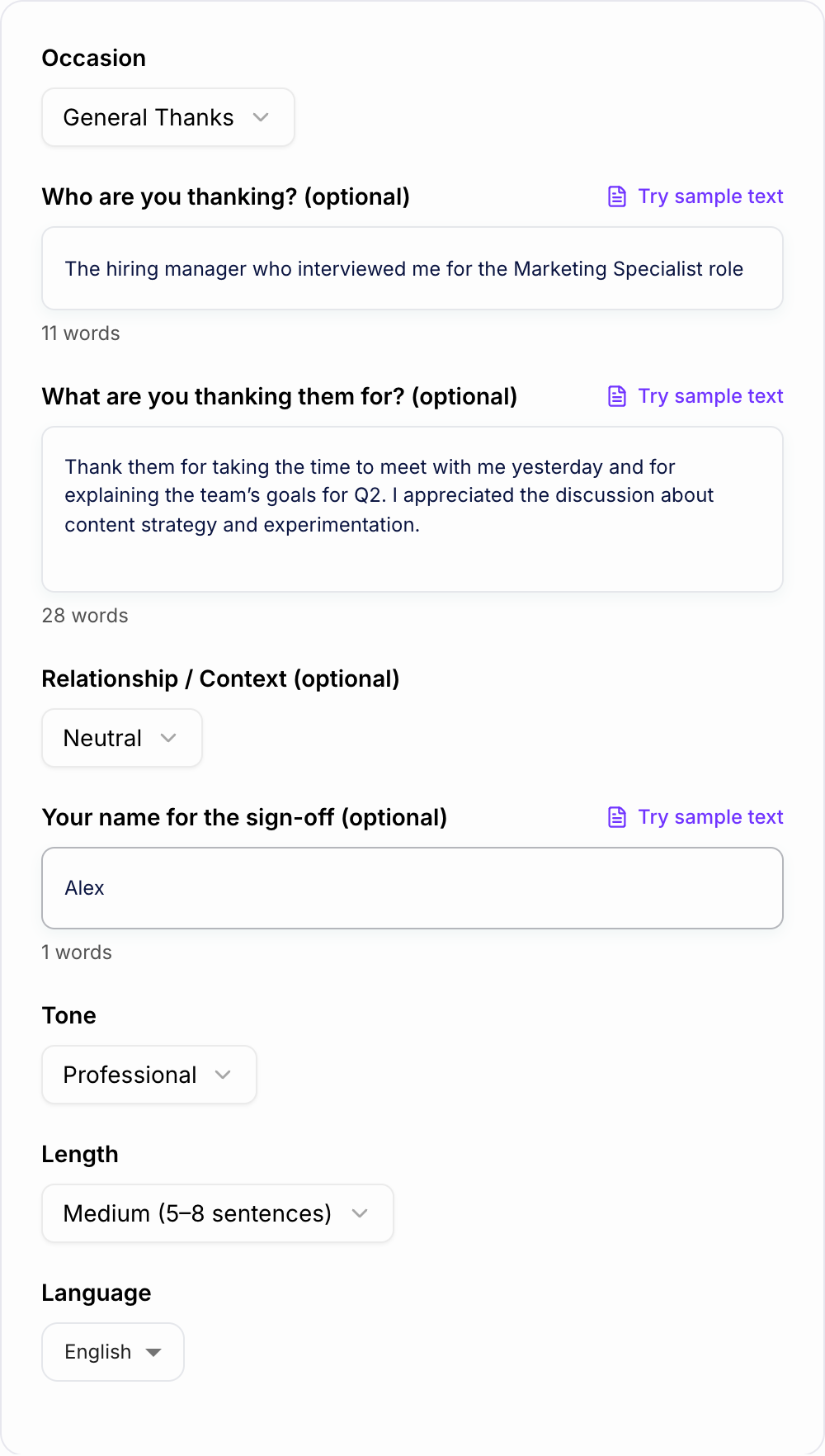 Screenshot of the AI Thank You Note Generator form with the reason, recipient, and channel filled in