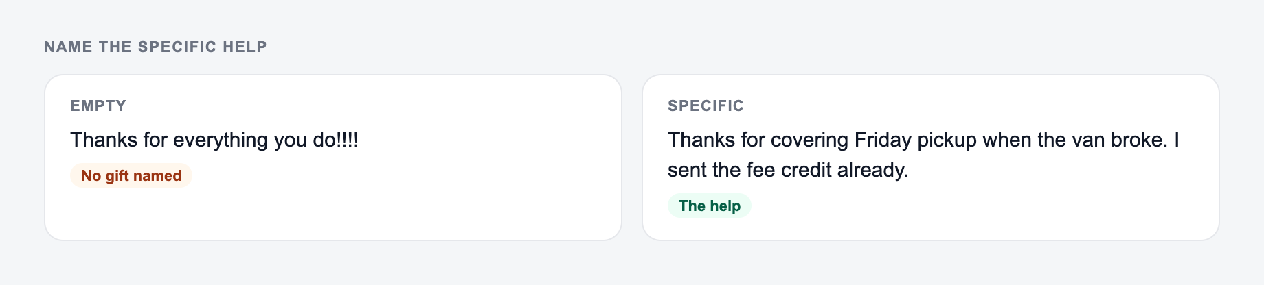 Screenshot from the AI Thank You Note Generator showing a thank-you that names the thing they did
