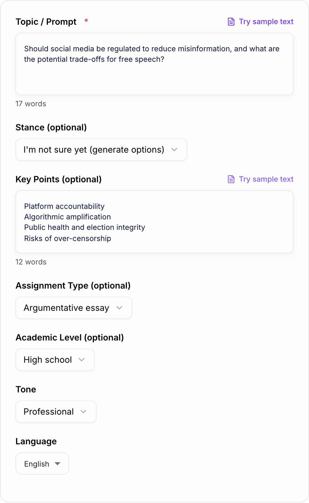 Screenshot of the AI Thesis Statement Generator workspace
