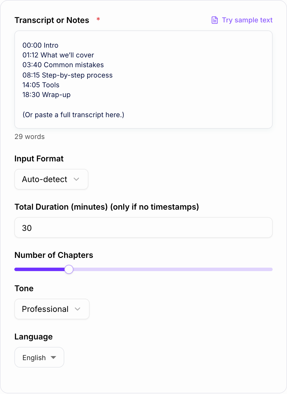 Screenshot of the AI Timestamped Overview Generator form with a transcript excerpt and chapter mode filled in