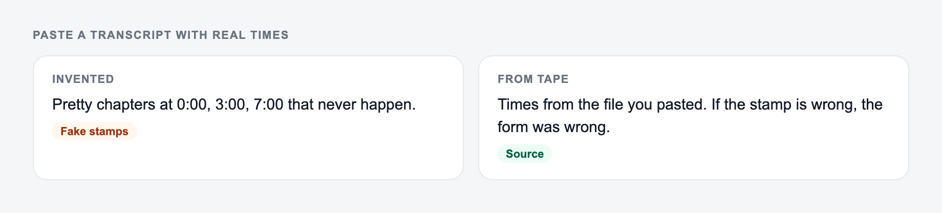 Screenshot from the AI Timestamped Overview Generator showing chapter timestamps taken from the file you pasted, not invented