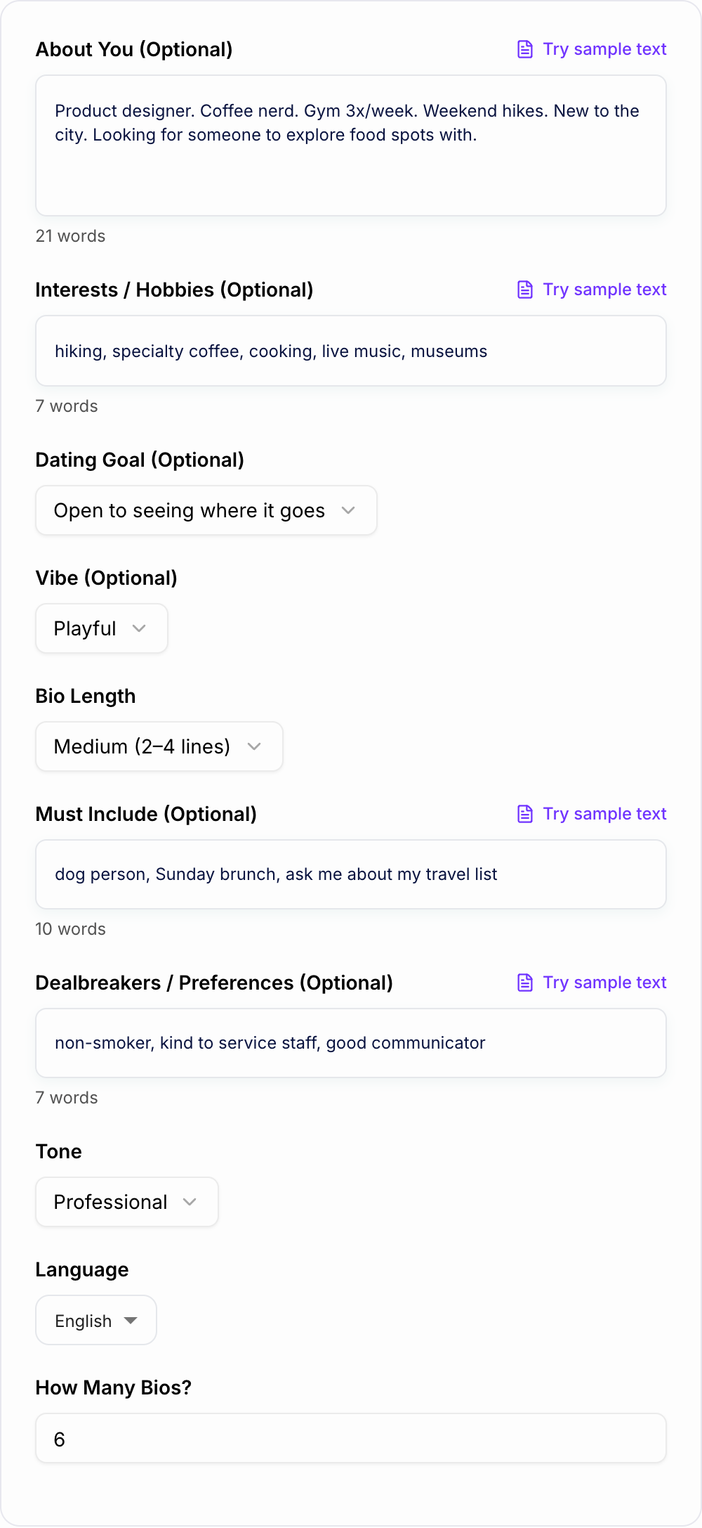 Screenshot of the AI Tinder Bio Generator form