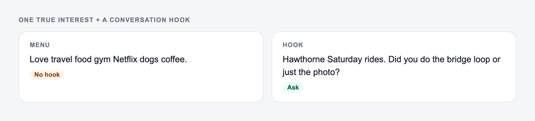 Screenshot from the AI Tinder Bio Generator showing a Tinder bio with one proof, versus dreamer-hustler