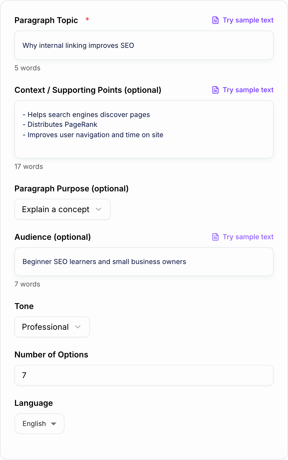 Screenshot of the AI Topic Sentence Generator workspace